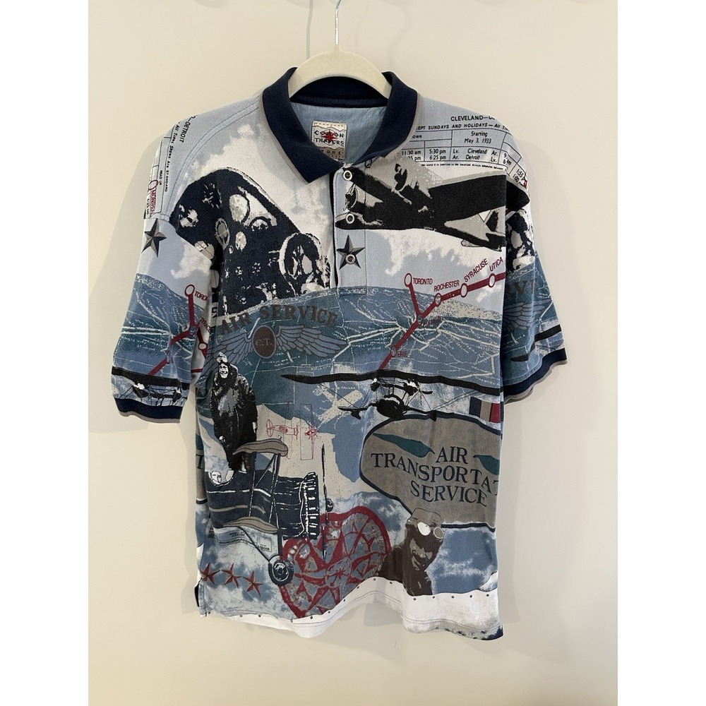 Cotton Traders Vintage AOP Aviator Polo Shirt Airplane Men's Size L